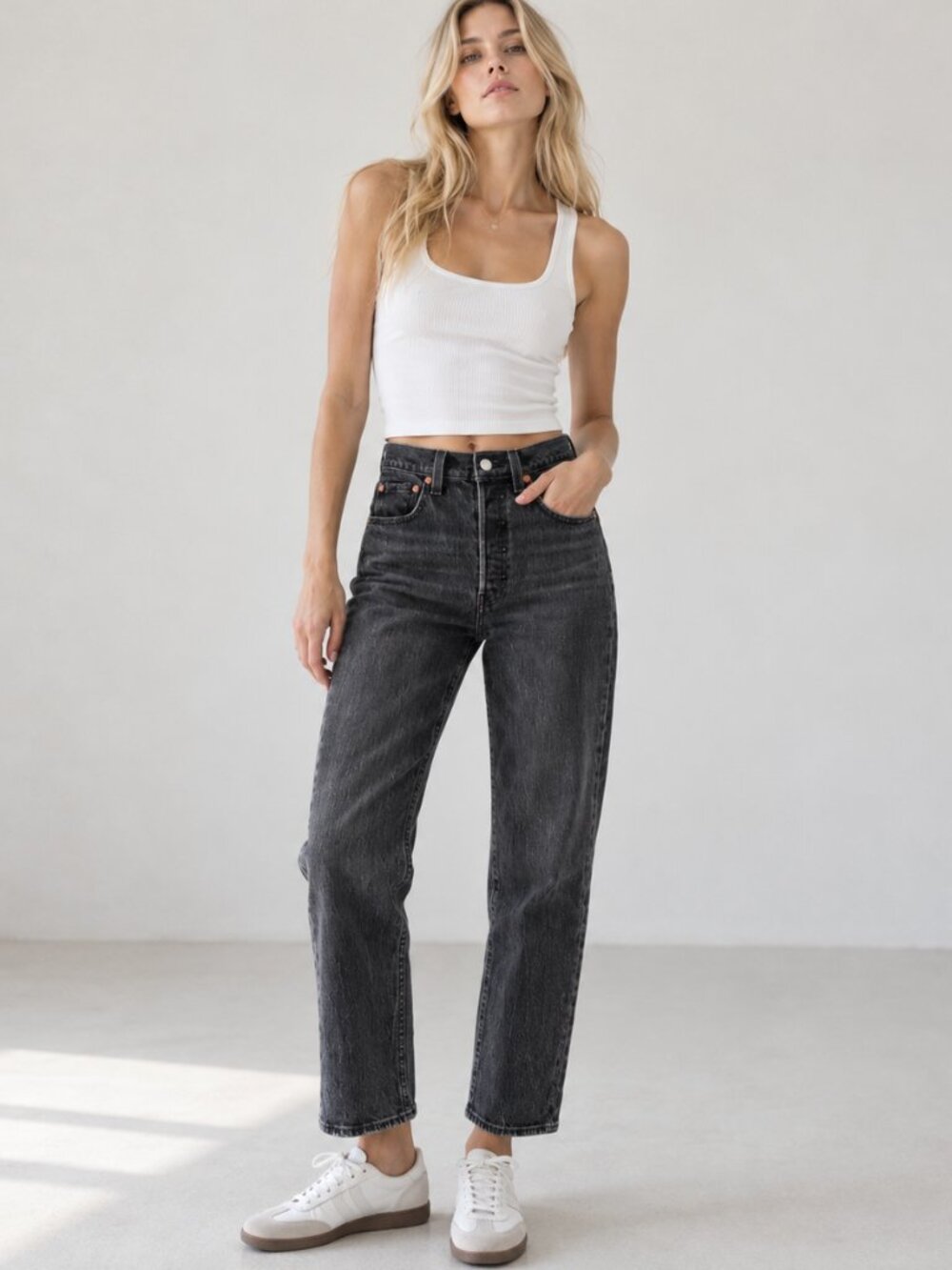 Levi’s Premium Ribcage Straight Ankle Jeans W24 L27 Faded Black High Rise